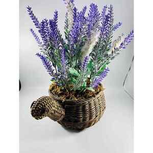 Vintage Upcycled Turtle Basket with Faux Lavender And White Faux Greenery Picks